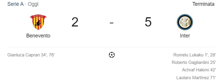 Benevento-Inter 2-5, il tabellino